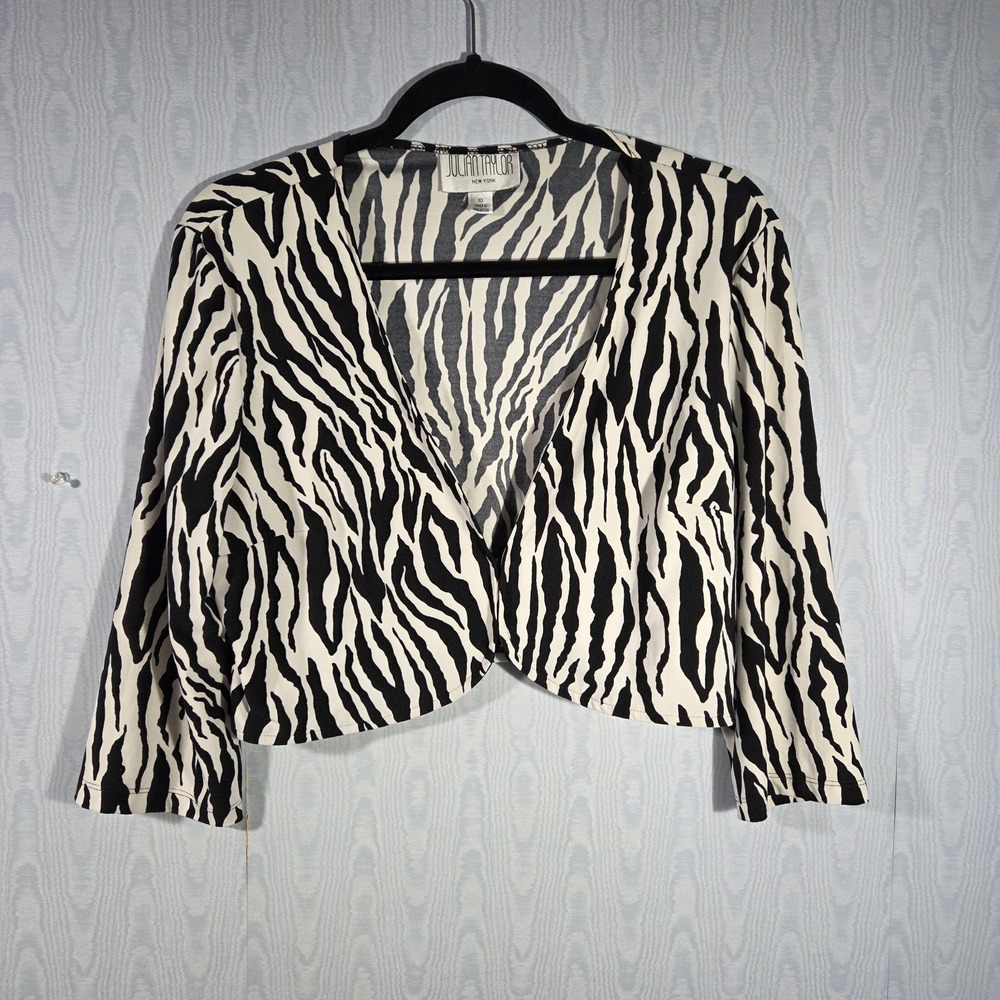 Vtg Y2K Julian Taylor Womens 10 Cropped Jacket Bolero Liquid Knit Zebra Print